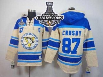 Pittsburgh Penguins #87 Sidney Crosby Cream Sawyer Hooded Sweatshirt 2016 Stanley Cup Champions Stitched NHL Jersey