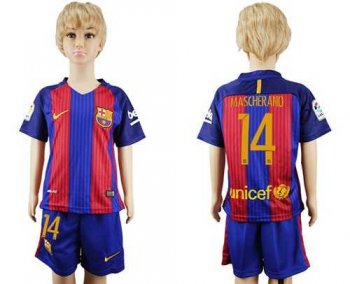 Barcelona #14 Mascherano Home Kid Soccer Club Jersey