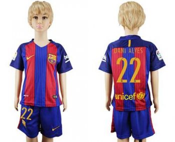 Barcelona #22 Dani Alves Home Kid Soccer Club Jersey