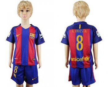 Barcelona #8 A.Iniesta Home Kid Soccer Club Jersey