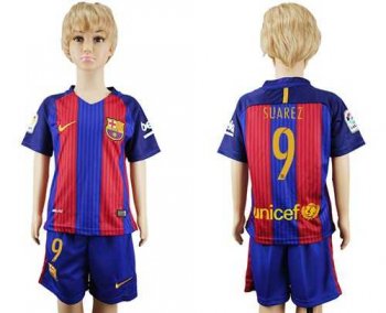 Barcelona #9 Suarez Home Kid Soccer Club Jersey