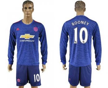 Manchester United #10 Rooney Away Long Sleeves Soccer Club Jersey