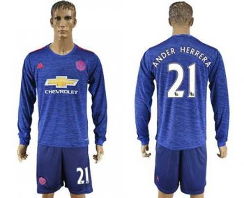 Manchester United #21 Ander Herrera Away Long Sleeves Soccer Club Jersey