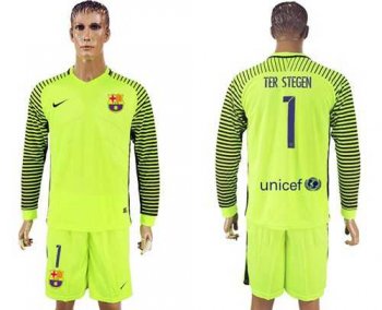 Barcelona #1 Ter Stegen Green Goalkeeper Long Sleeves Soccer Club Jersey