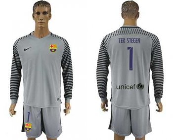 Barcelona #1 Ter Stegen Grey Goalkeeper Long Sleeves Soccer Club Jersey