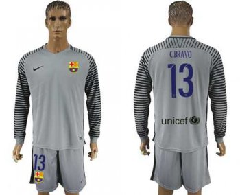 Barcelona #13 C.Bravo Grey Goalkeeper Long Sleeves Soccer Club Jersey