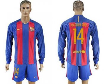 Barcelona #14 Mascherano Home Long Sleeves Soccer Club Jersey