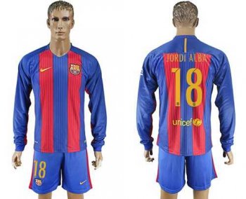 Barcelona #18 Jordi Alba Home Long Sleeves Soccer Club Jersey