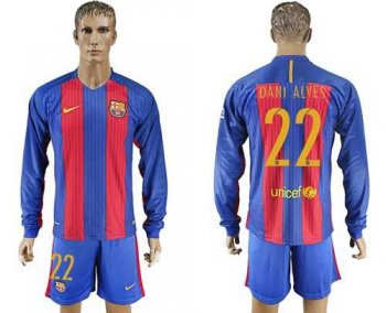 Barcelona #22 Dani Alves Home Long Sleeves Soccer Club Jersey