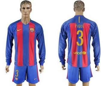 Barcelona #3 Pique Home Long Sleeves Soccer Club Jersey