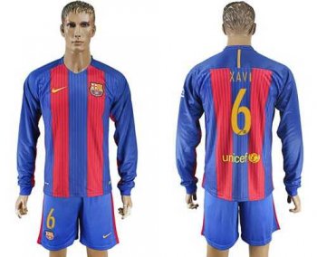 Barcelona #6 Xavi Home Long Sleeves Soccer Club Jersey