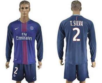 Paris Saint-Germain #2 T Silva Home Long Sleeves Soccer Club Jersey