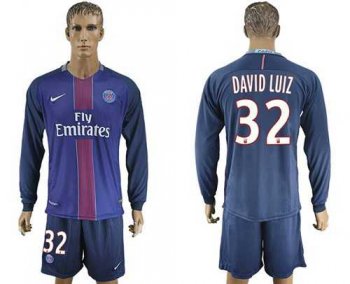 Paris Saint-Germain #32 David Luiz Home Long Sleeves Soccer Club Jersey