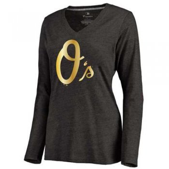 Women's Baltimore Orioles Gold Collection Long Sleeve V-Neck Tri-Blend T-Shirt Black