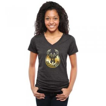 Women's Milwaukee Bucks Gold Collection V-Neck Tri-Blend T-Shirt Black