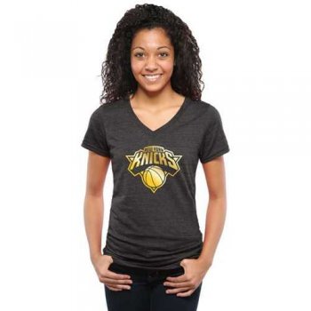 Women's New York Knicks Gold Collection V-Neck Tri-Blend T-Shirt Black