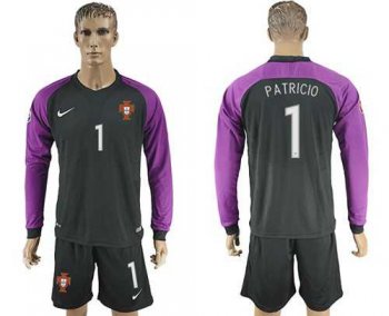 Portugal #1 Patricio Black Goalkeeper Long Sleeves Soccer Country Jersey