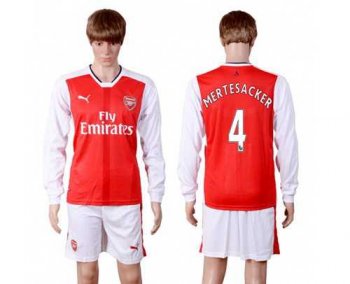 Arsenal #4 Mertesacker Red Home Long Sleeves Soccer Club Jersey