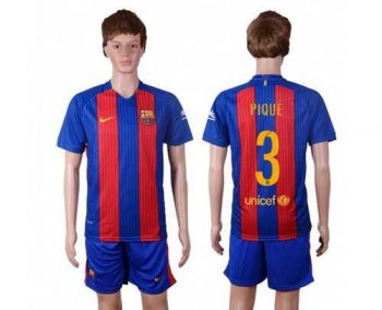 Barcelona #3 Pique Home With Blue Shorts Soccer Club Jersey