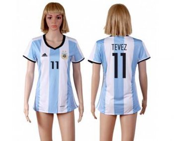 Women's Argentina #11 Tevez Home Soccer Country Jersey