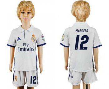 Real Madrid #12 Marcelo White Home Kid Soccer Club Jersey