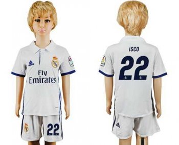 Real Madrid #22 Isco White Home Kid Soccer Club Jersey