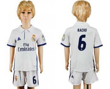 Real Madrid #6 Nacho White Home Kid Soccer Club Jersey