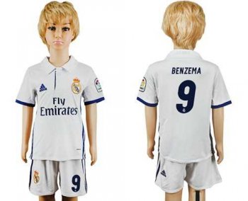 Real Madrid #9 Benzema White Home Kid Soccer Club Jersey