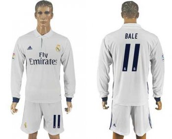 Real Madrid #11 Bale White Home Long Sleeves Soccer Club Jersey