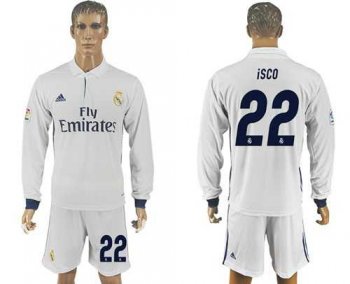 Real Madrid #22 Isco White Home Long Sleeves Soccer Club Jersey