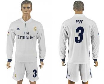 Real Madrid #3 Pepe White Home Long Sleeves Soccer Club Jersey