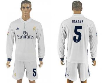 Real Madrid #5 Varane White Home Long Sleeves Soccer Club Jersey