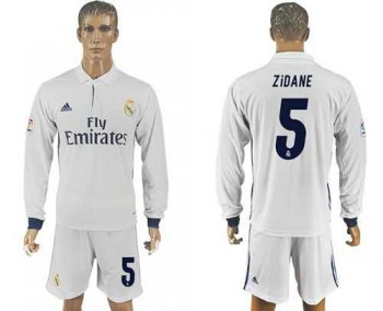 Real Madrid #5 Zidane White Home Long Sleeve Soccer Club Jersey