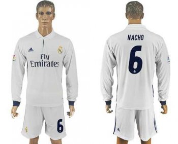 Real Madrid #6 Nacho White Home Long Sleeves Soccer Club Jersey