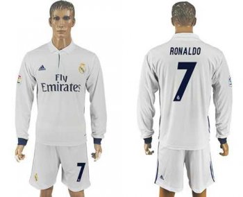 Real Madrid #7 Ronaldo White Home Long Sleeves Soccer Club Jersey