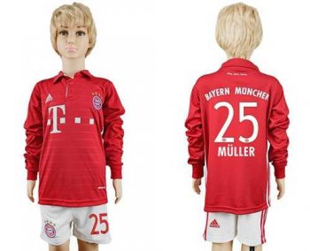 Bayern Munchen #25 Muller Home Long Sleeves Kid Soccer Club Jersey