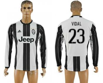 Juventus #23 Vidal Home Long Sleeves Soccer Club Jersey