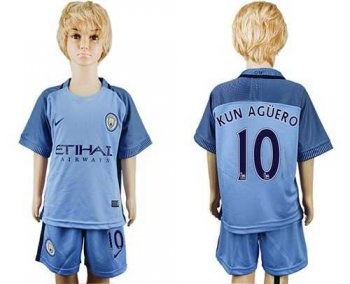 Manchester City #10 Kun Aguero Home Kid Soccer Club Jersey