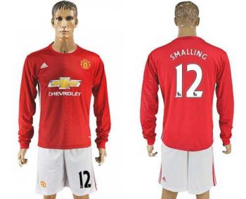 Manchester United #12 Smalling Red Home Long Sleeves Soccer Club Jersey