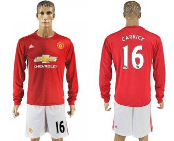 Manchester United #16 Carrick Red Home Long Sleeves Soccer Club Jersey