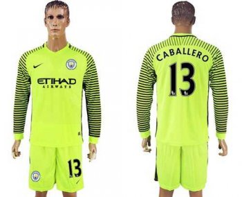 Manchester City #13 Caballero Shiny Green Goalkeeper Long Sleeves Soccer Club Jersey