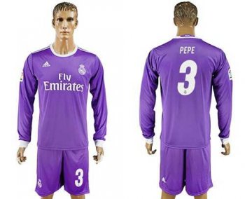 Real Madrid #3 Pepe Away Long Sleeves Soccer Club Jersey