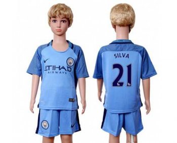 Manchester City #21 Silva Home Kid Soccer Club Jersey