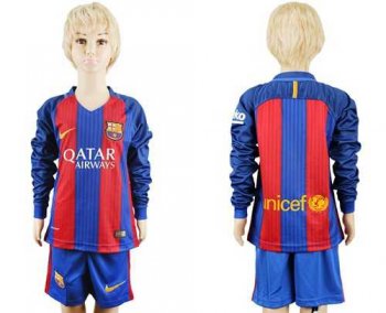 Barcelona Blank Home Long Sleeves Kid Soccer Club Jersey