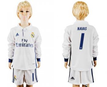 Real Madrid #1 Navas Home Long Sleeves Kid Soccer Club Jersey