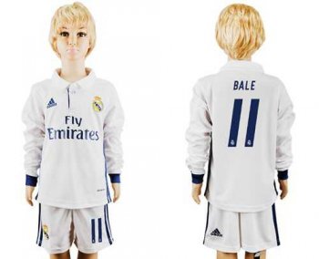 Real Madrid #11 Bale Home Long Sleeves Kid Soccer Club Jersey