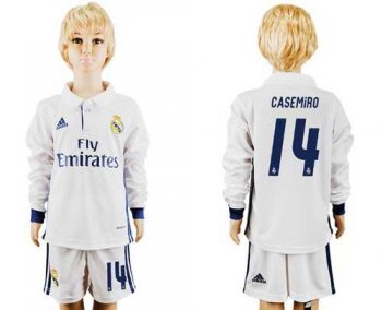 Real Madrid #14 Casemiro Home Long Sleeves Kid Soccer Club Jersey