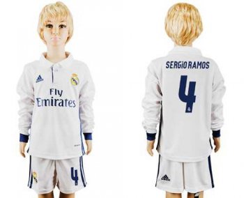 Real Madrid #4 Sergio Ramos Home Long Sleeves Kid Soccer Club Jersey