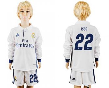 Real Madrid #22 Isco Home Long Sleeves Kid Soccer Club Jersey