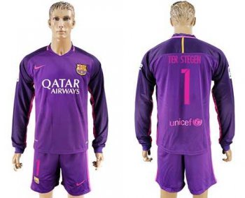 Barcelona #1 Ter Stegen Away Long Sleeves Soccer Club Jersey